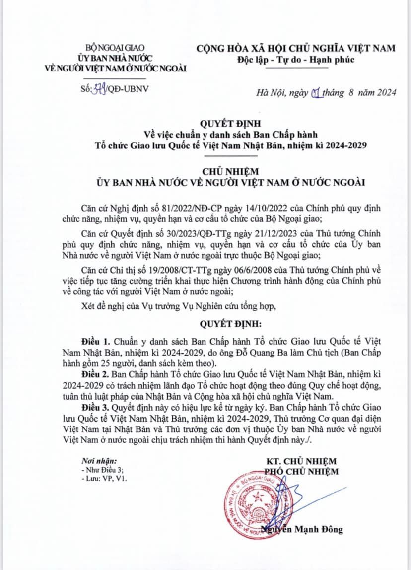 QUYẾT ĐỊNH Về việc chuẩn y danh sách BCH Tổ chức Giao lưu Quốc tế Việt Nam Nhật Bản (FAVIJA) nhiệm kỳ 2024-2029